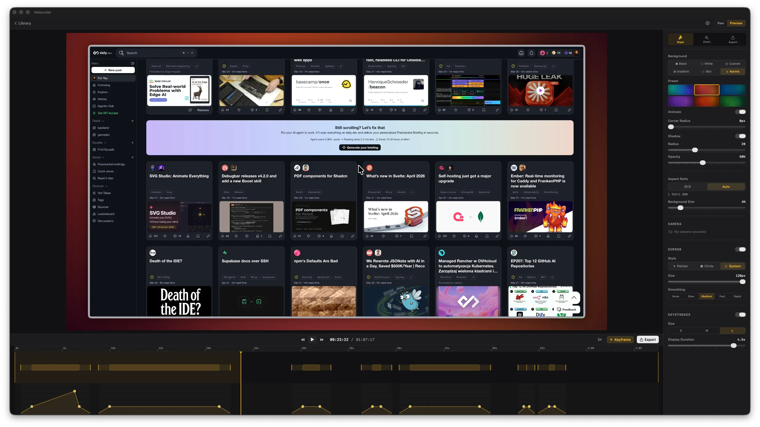 Nekorder editor with redesigned layout, transport controls below the canvas, and zoom timeline