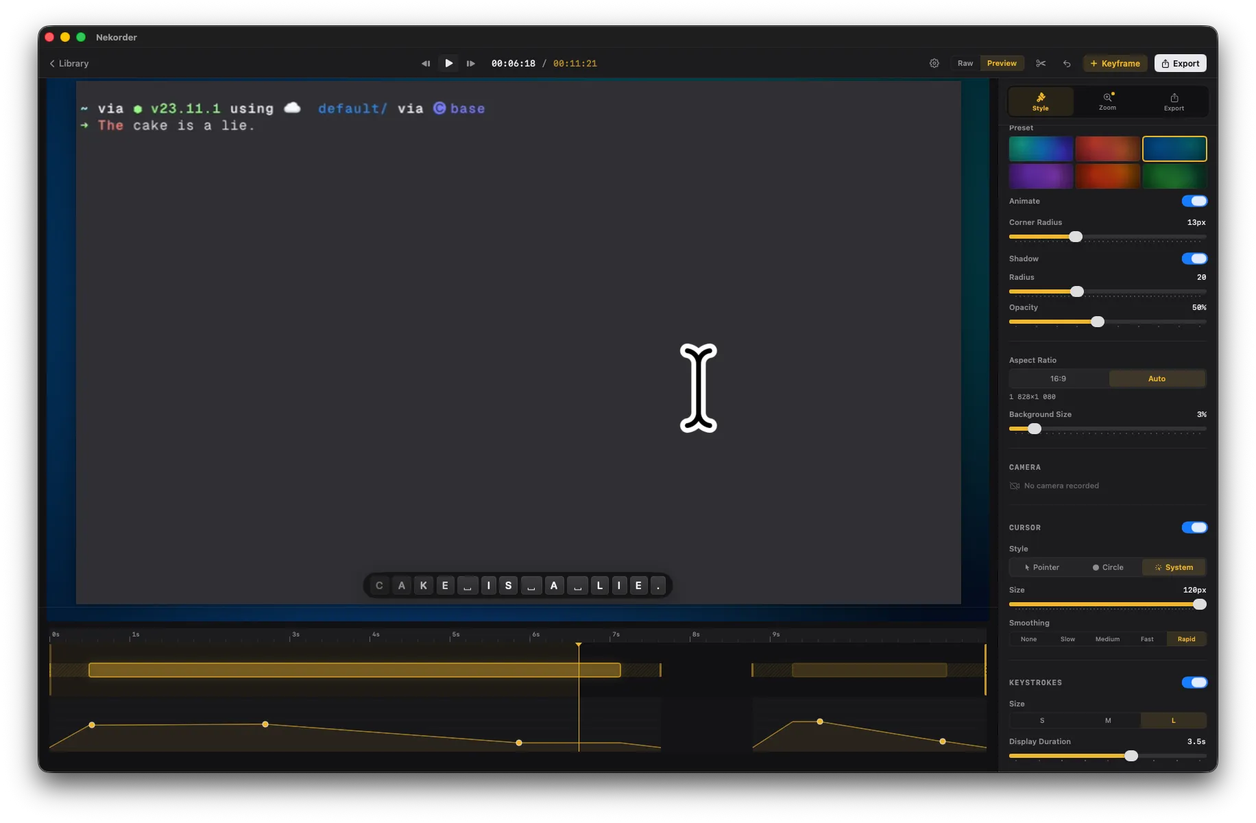 Nekorder editor showing the new zoom timeline and keystroke overlay